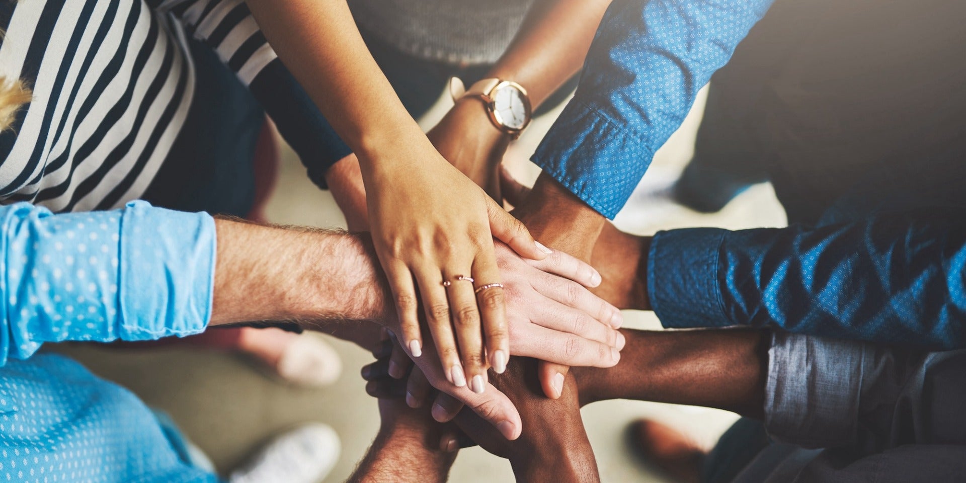 A photo of hands coming together in a circle. It represents the Alliance for Social Trust.