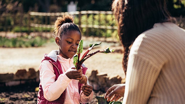 Little girl helping her mother in the garden