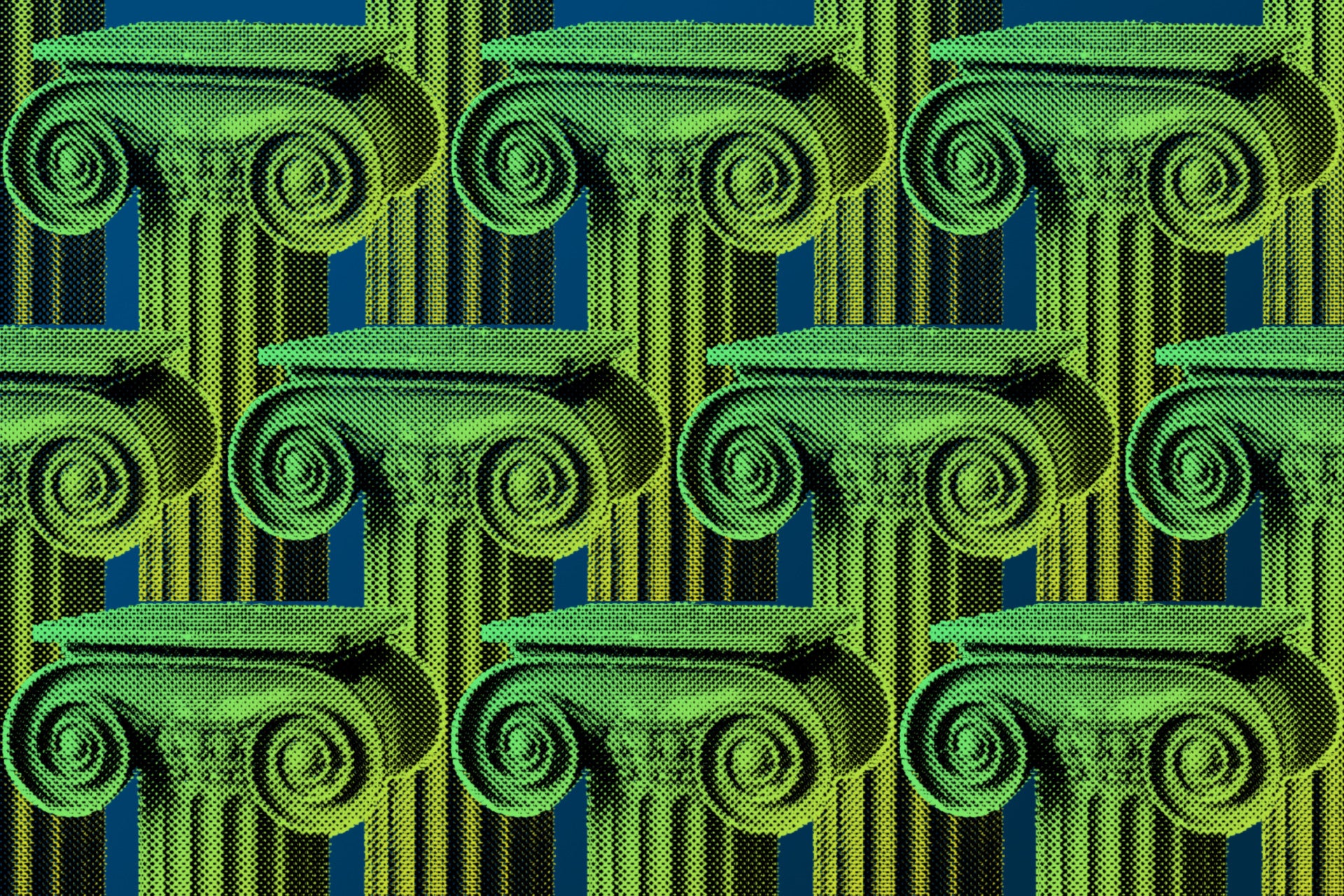 Abstract pattern of half-tone pedestals for the 2023 Reporting on AI Hall of Fame winners.