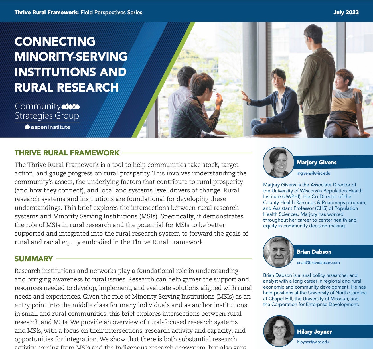 Report cover for Connecting MSIs and Rural Research report