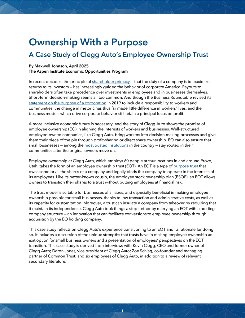 Ownership With a Purpose: A Case Study of Clegg Auto’s Employee Ownership Trust