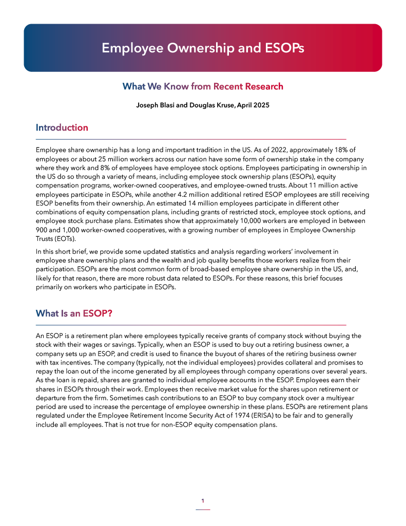 Employee Ownership and ESOPs - What We Know from Recent Research