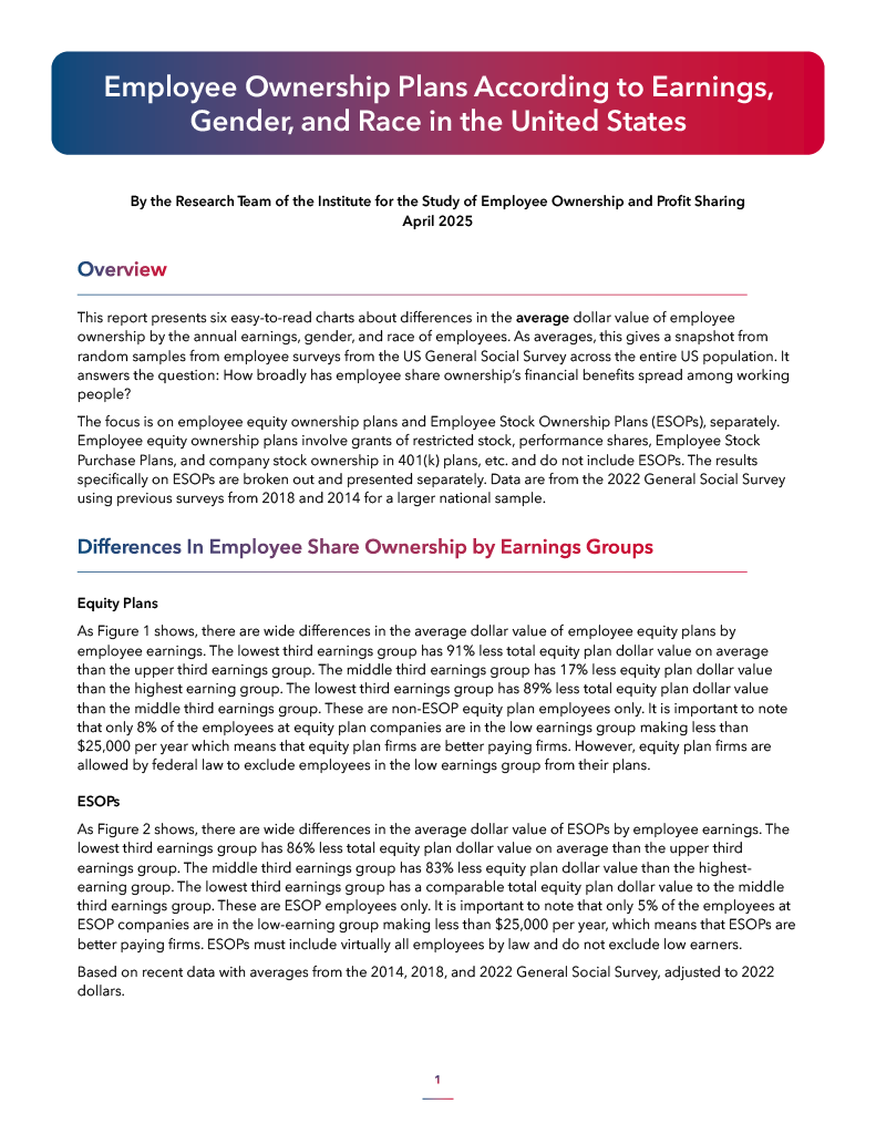 Employee Ownership Plans According to Earnings, Gender, and Race in the United States